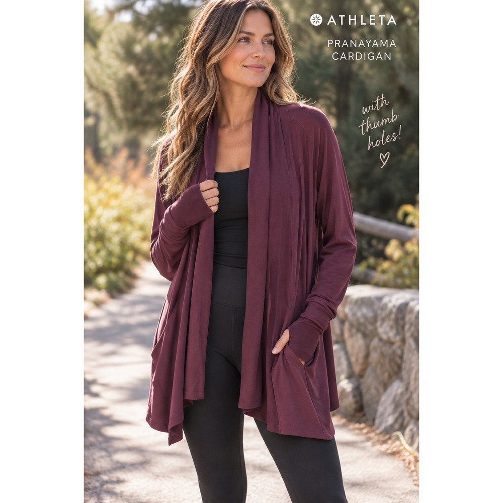 Athleta Pranayama Wrap Cardigan XL Burgundy Plum Open Front Thumbhole Pockets
